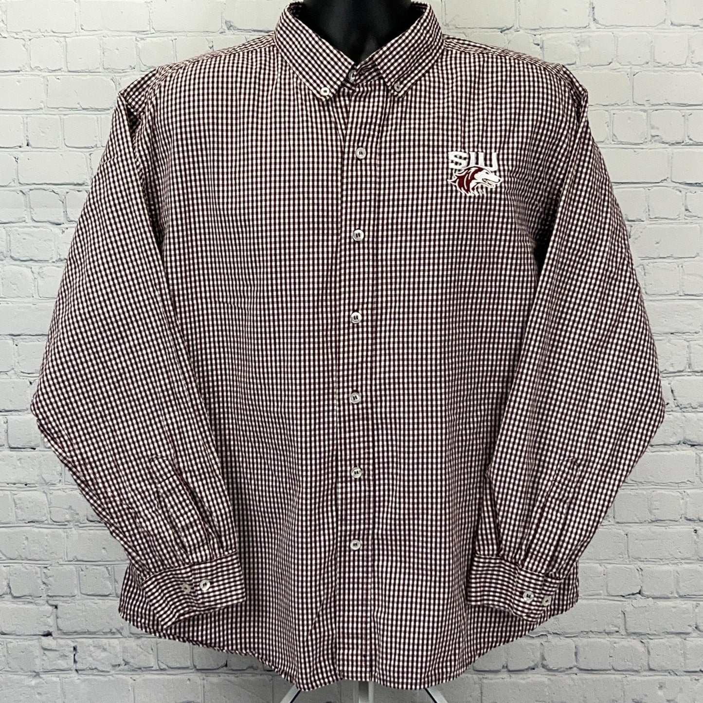 Russell Athletic Southern Illinois University Checkered Long-Sleeve Shirt in Maroon and White with Logo