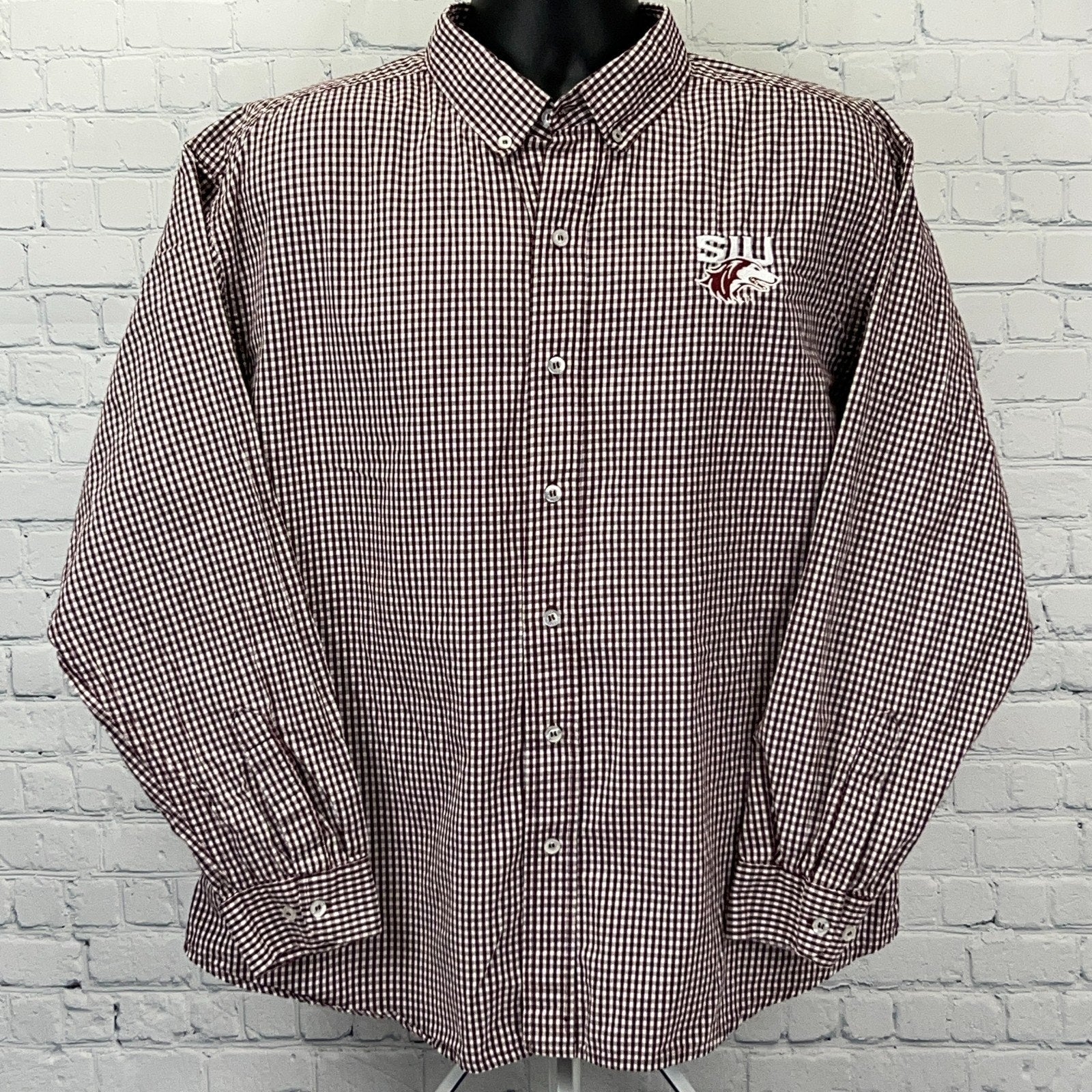 Russell Athletic Southern Illinois University Checkered Long-Sleeve Shirt in Maroon and White with Logo