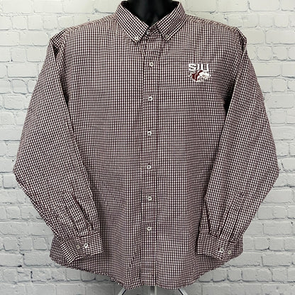 Russell Athletic Southern Illinois University Checkered Long-Sleeve Shirt in Maroon and White with Logo