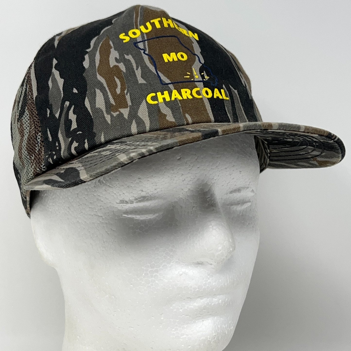 K-Products Vintage Trucker Cap in Camouflage with Southern MO Charcoal Design, Front View