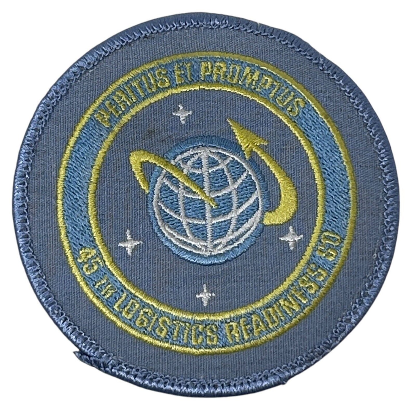 USSF Space Force patch in blue with a globe and arrows, detailed embroidery, round design