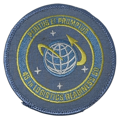 USSF Space Force patch in blue with a globe and arrows, detailed embroidery, round design