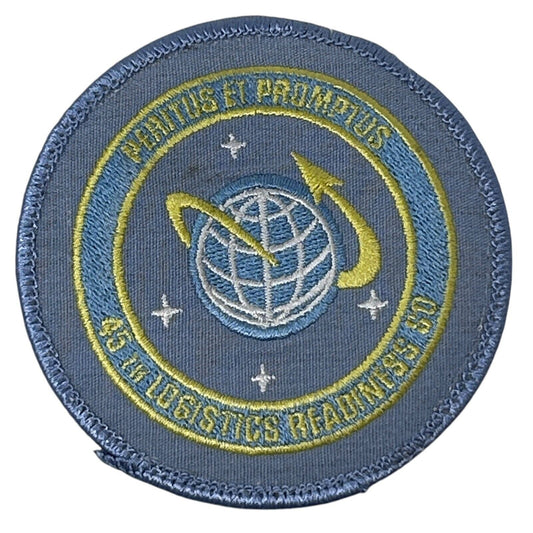 USSF Space Force patch in blue with a globe and arrows, detailed embroidery, round design