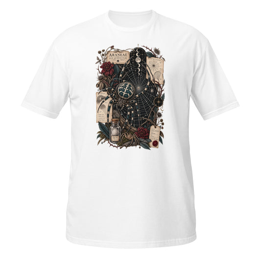White T-shirt featuring a detailed spider graphic with roses and moon phases on the front