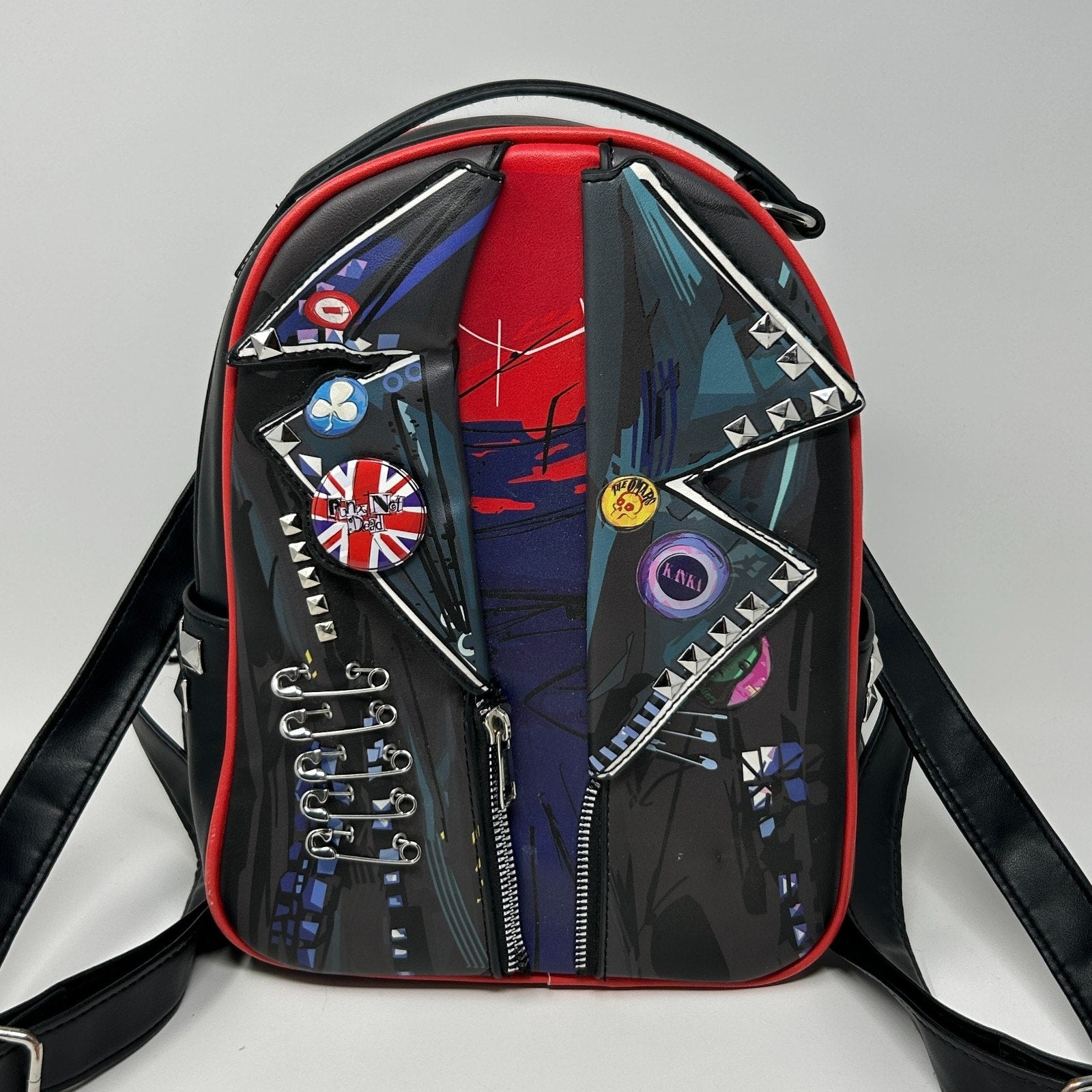 Her Universe Spider Man Backpack in black and red with punk jacket design and colorful badges