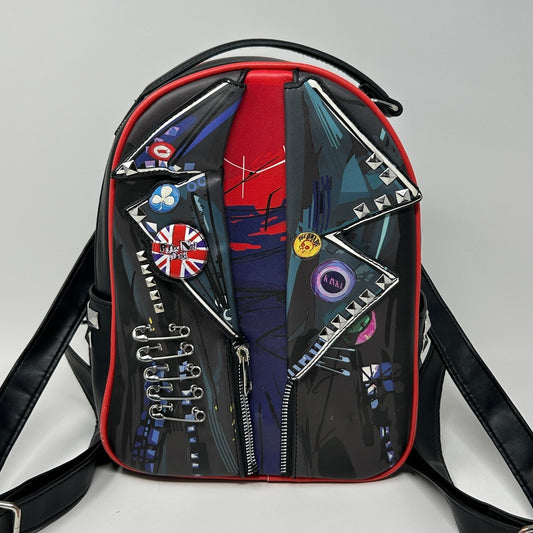 Her Universe Spider Man Backpack in black and red with punk jacket design and colorful badges