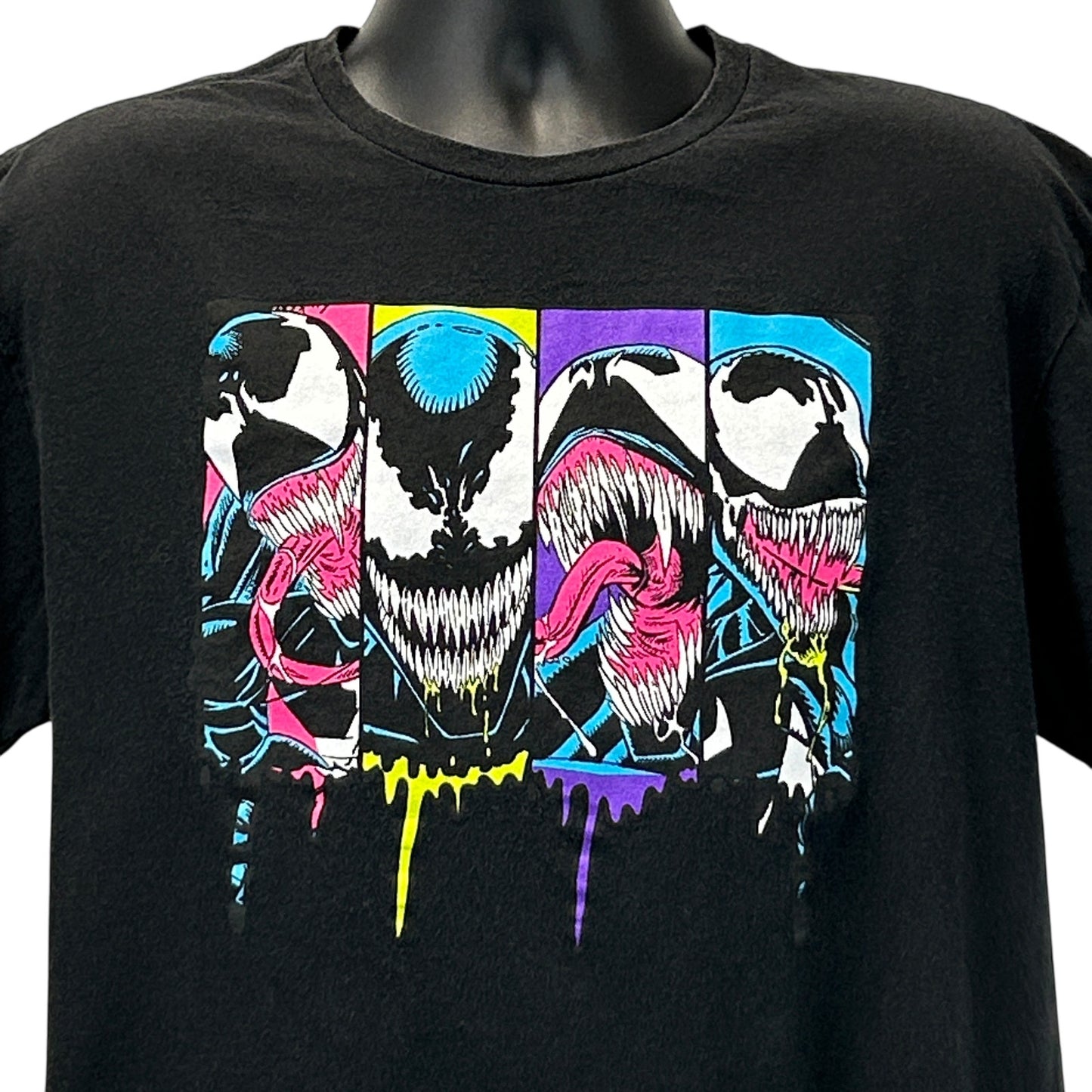 Black Marvel T-Shirt featuring Spider Man Venom graphic design on the front in vibrant colors