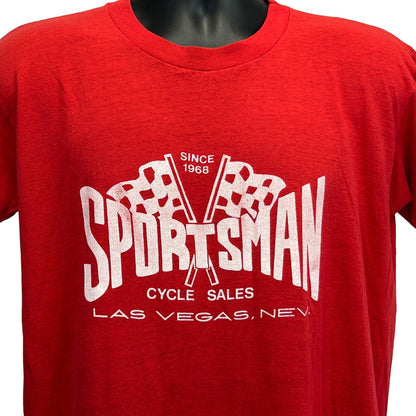 Red Miller T-Shirt featuring Sportsman Cycle Sales logo and checkered flags, front view, size medium