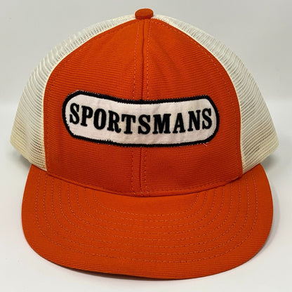 Vintage orange Sportsmans hat with white mesh back and stitched logo on front view