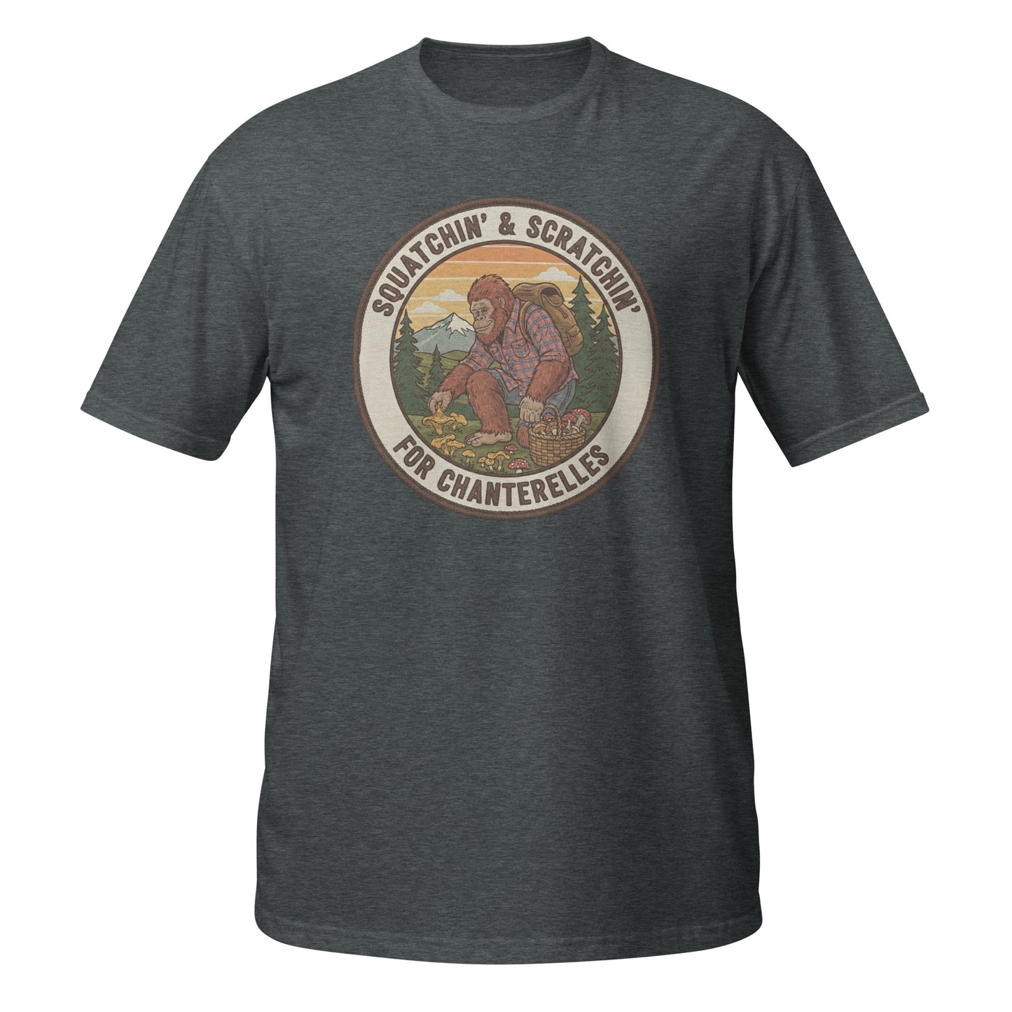 Funny T-Shirt in dark gray featuring a Sasquatch graphic for mushroom hunting enthusiasts