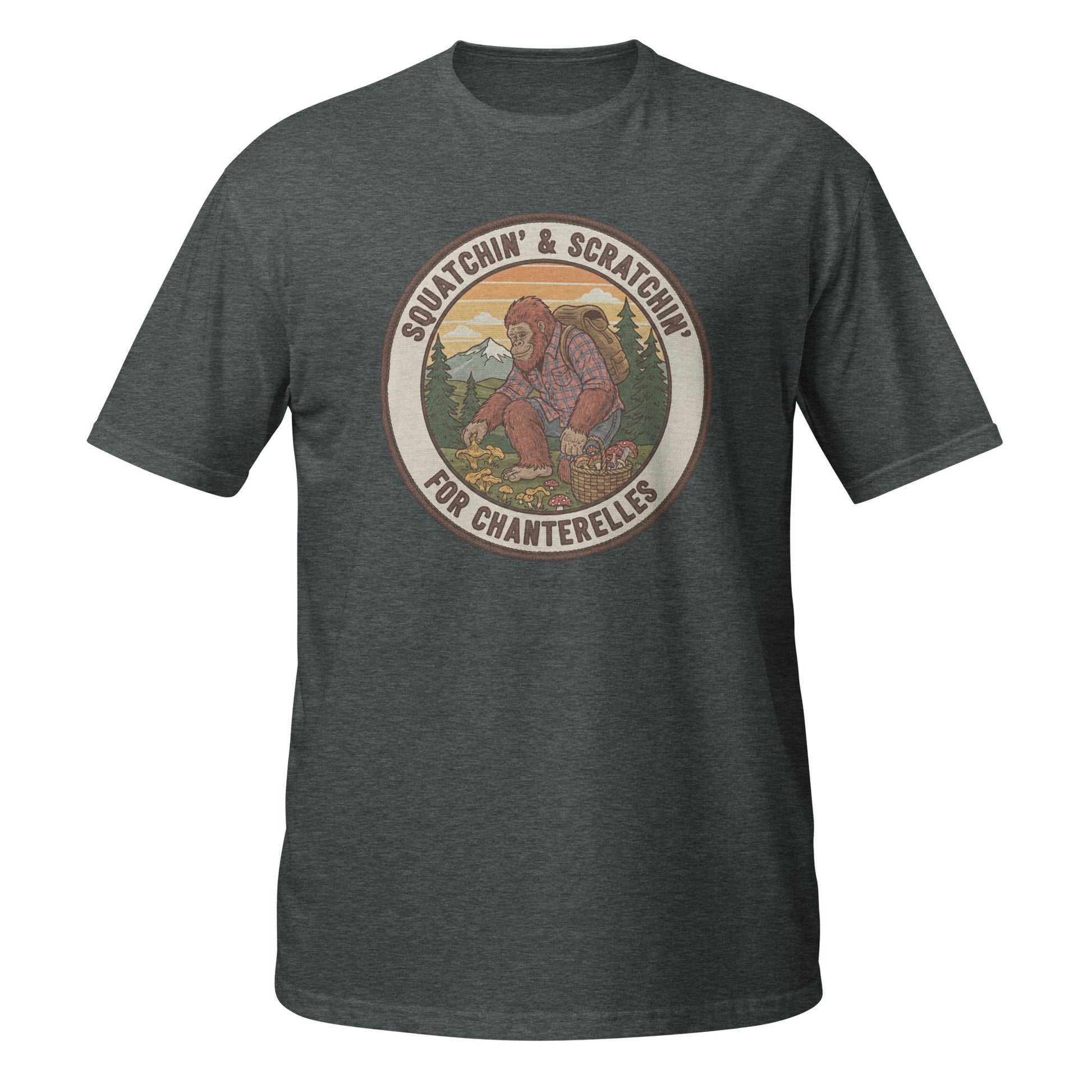 Funny T-Shirt in dark gray featuring a Sasquatch graphic for mushroom hunting enthusiasts