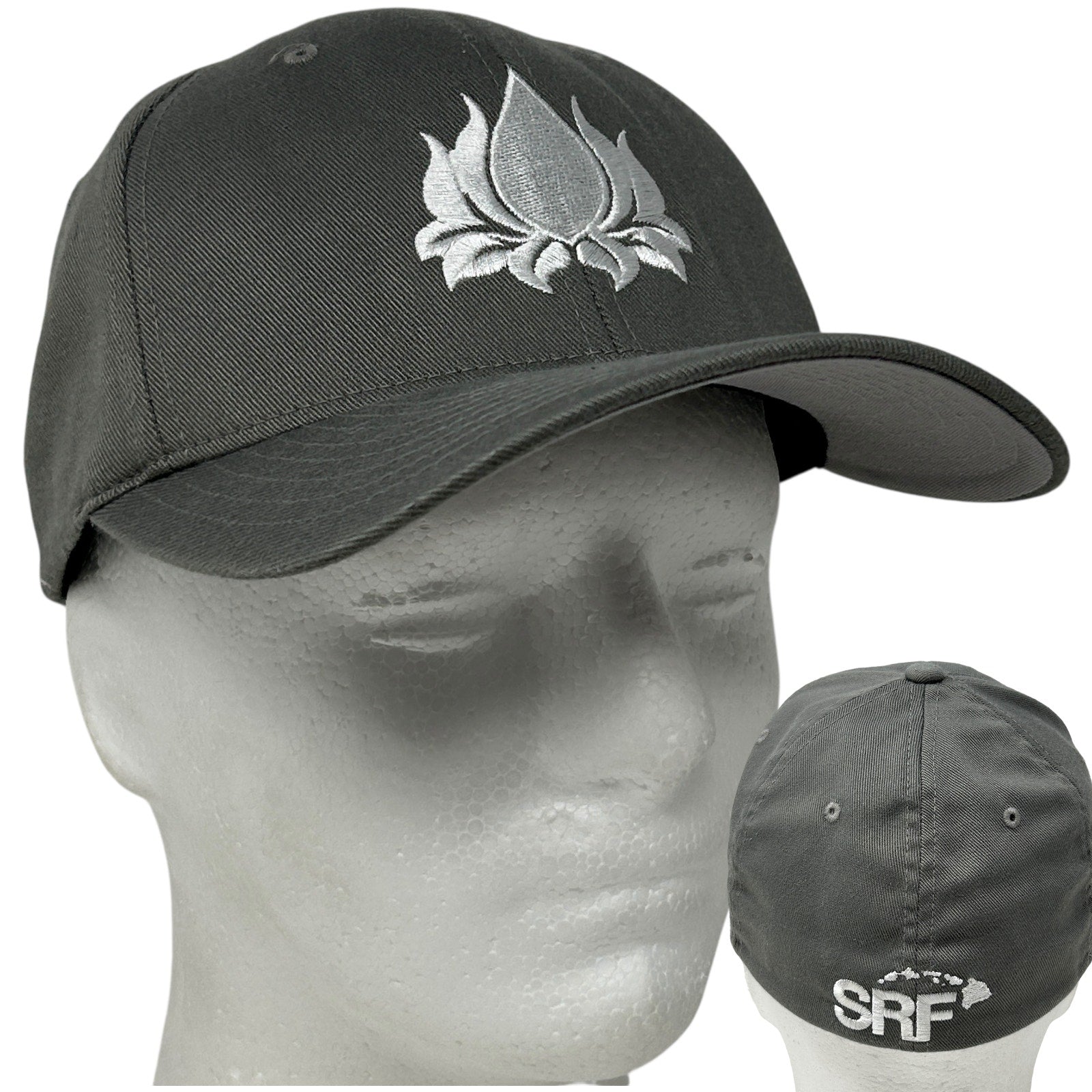 Gray Flexfit Hat featuring a silver lotus logo and Surf Realization Fellowship branding, front view