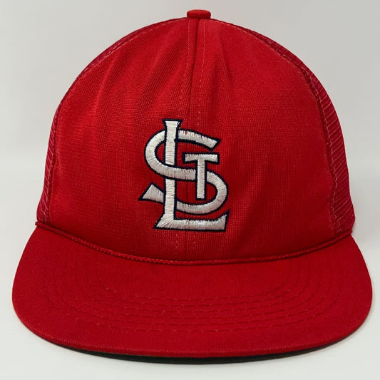 Front view of a red St Louis Cardinals Hat featuring an embroidered logo in white