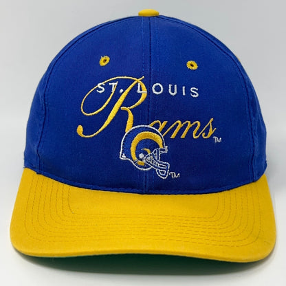 St. Louis Rams blue and yellow cap with embroidered logo and front view details