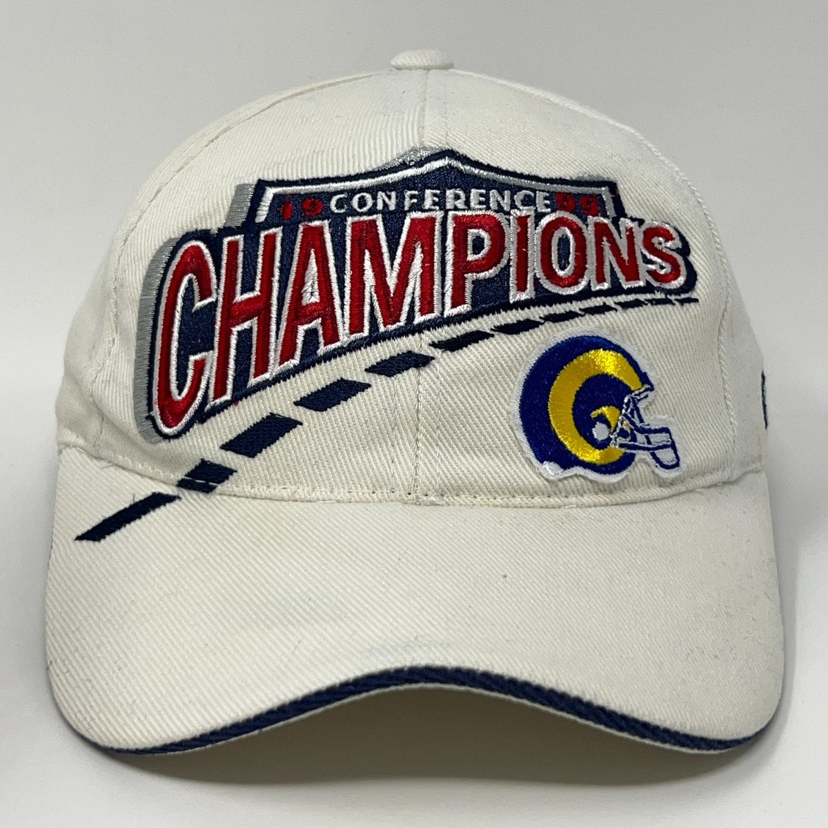 Vintage St Louis Rams Conference Champions Cap in White with Blue and Yellow Team Logo