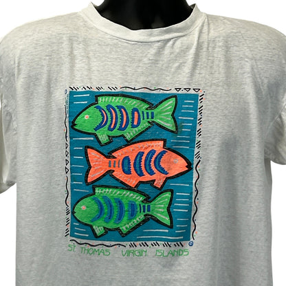 Front view of a Vintage St Thomas T-Shirt featuring colorful fish graphic design