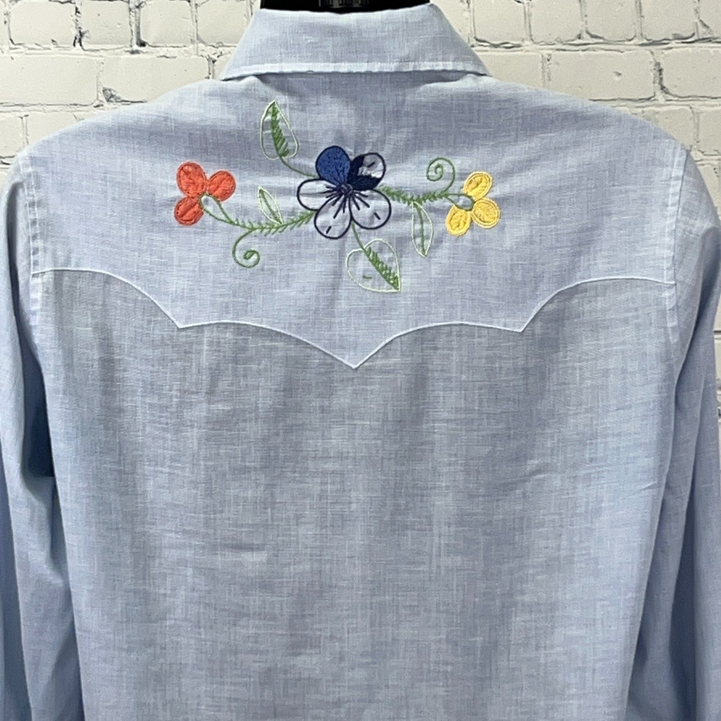 Vintage Cowboy Shirt Blue Floral Embroidery Large Back View