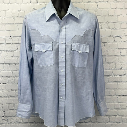 Vintage Cowboy Shirt in Light Blue, Size Large, Front View, Vintage