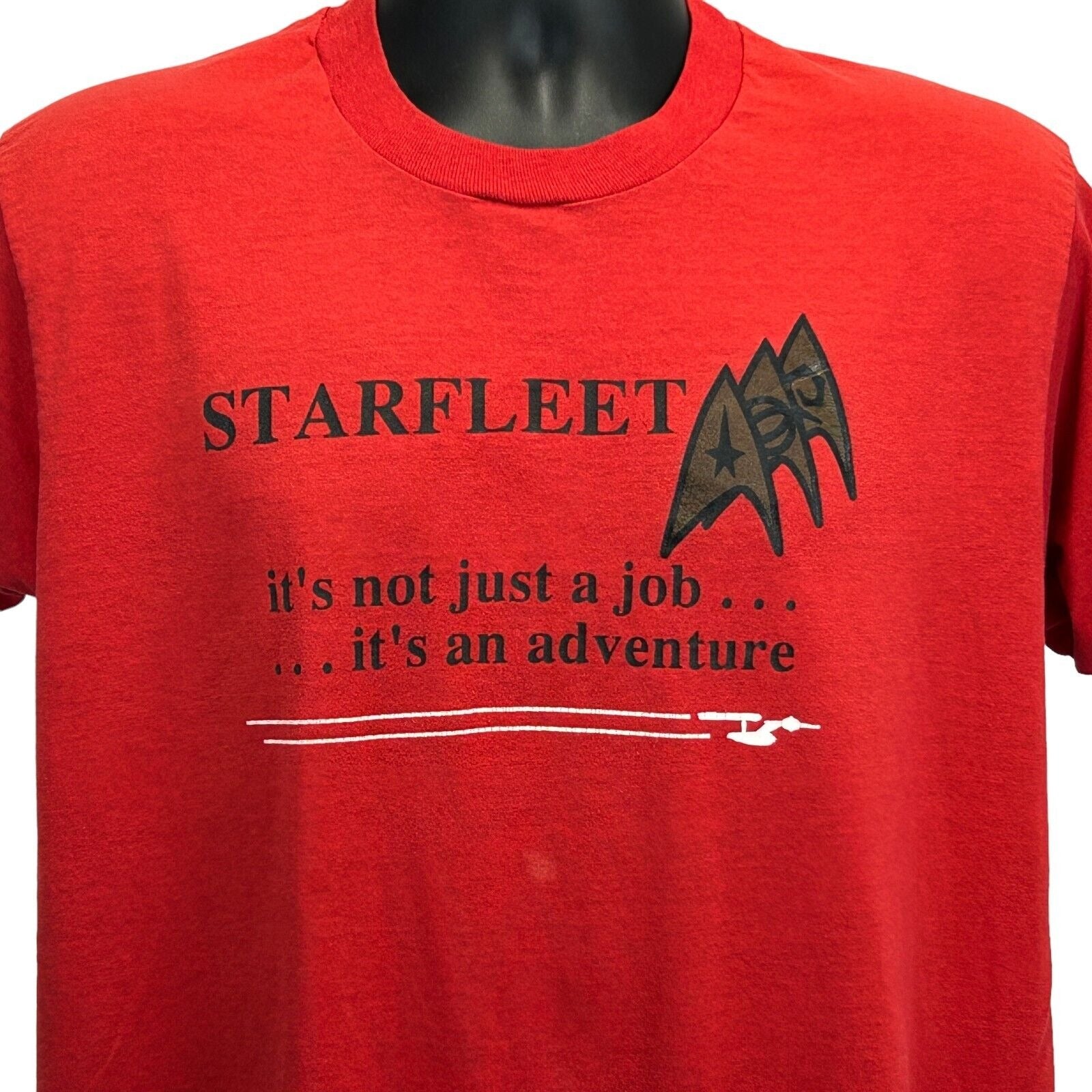 Red Star Trek T-Shirt with Starfleet logo, featuring the text its not just a job its an adventure, front view