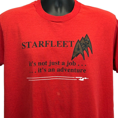 Red Star Trek T-Shirt with Starfleet logo, featuring the text its not just a job its an adventure, front view