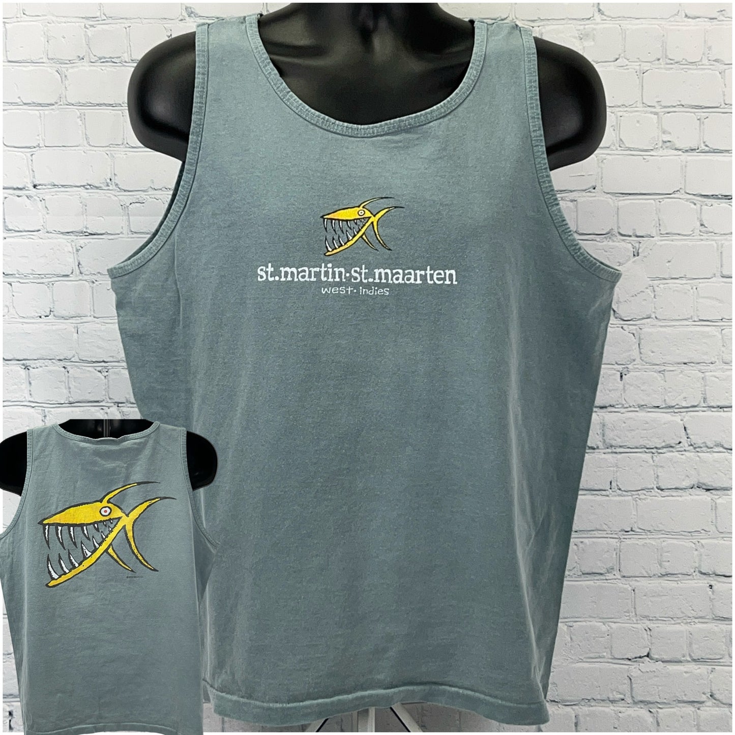 Vintage West Indies Tank Top in Gray featuring a colorful logo of a fish on the front