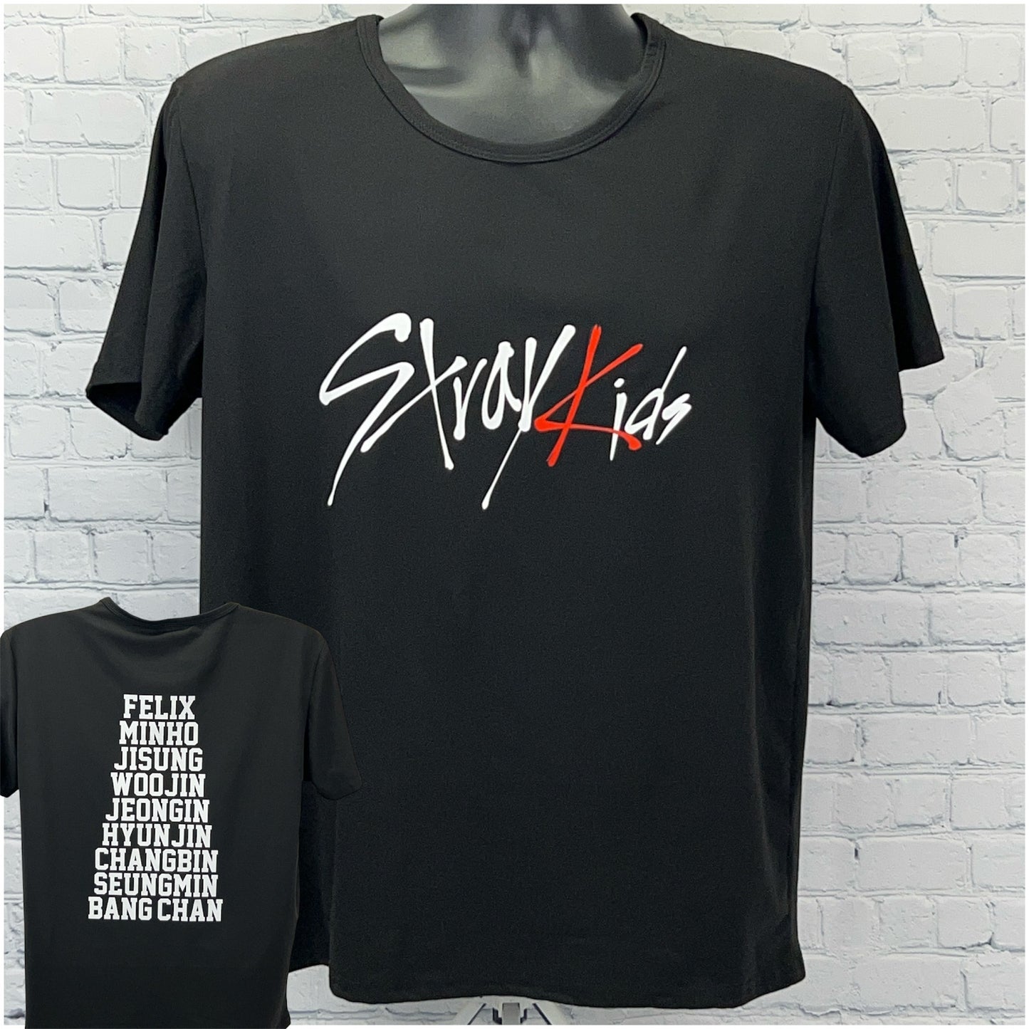 Black Stray Kids T-shirt featuring bold logo on front and member names on back in white text