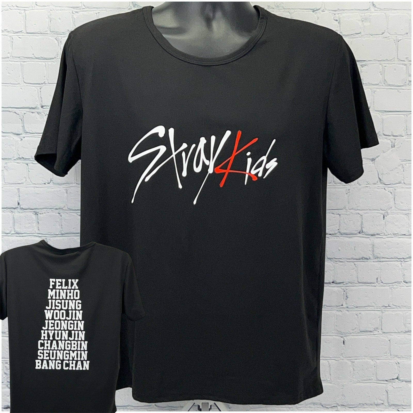 Black Stray Kids T-shirt featuring bold logo on front and member names on back in white text