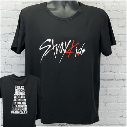 Black Stray Kids T-shirt featuring bold logo on front and member names on back in white text