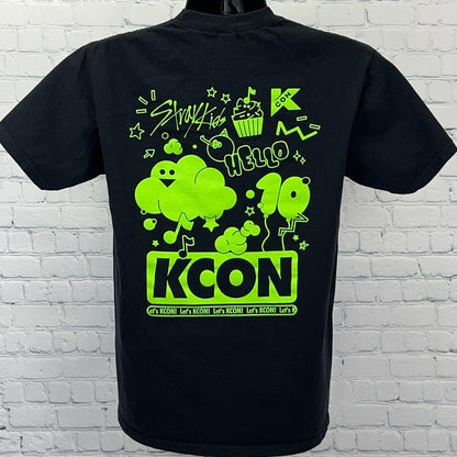 Black Gildan KCON T-shirt for men with neon green graphic print on back featuring playful designs