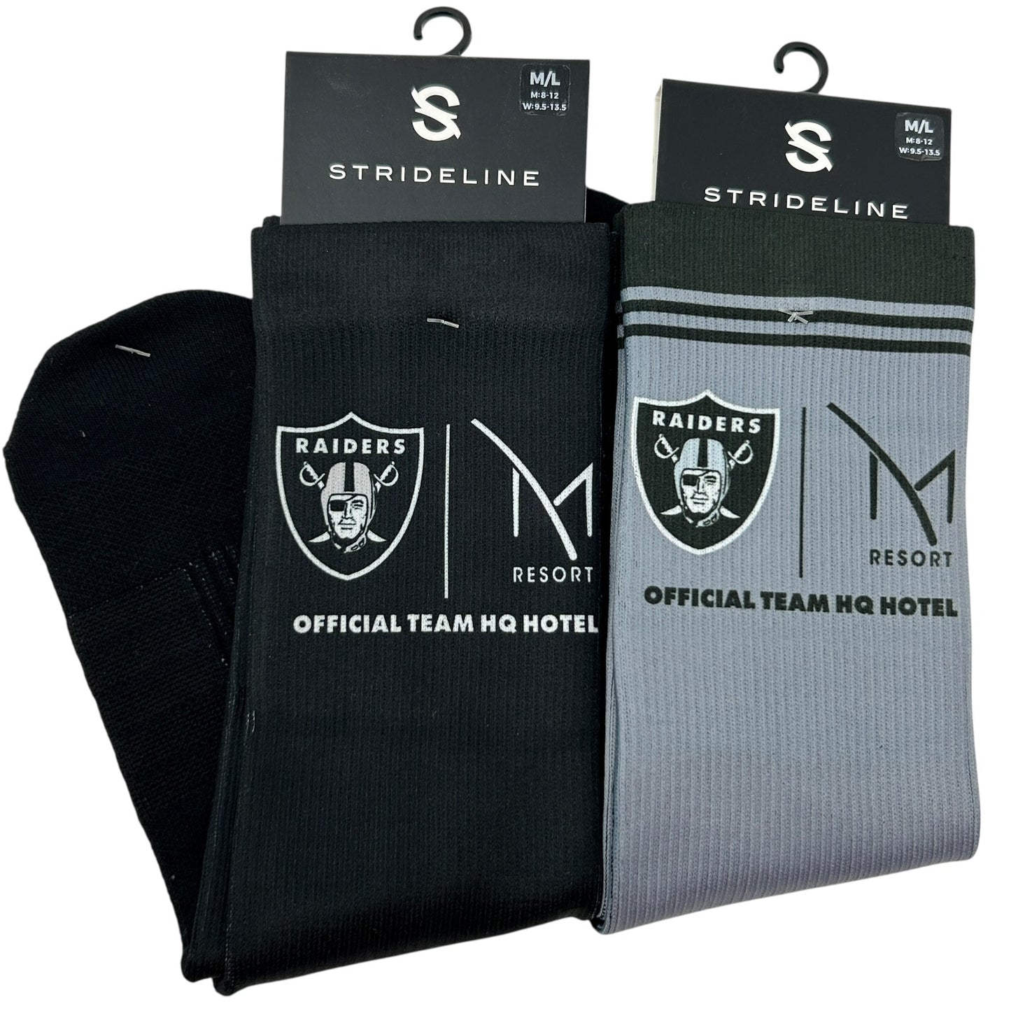 Strideline Las Vegas Raiders Socks in black and gray, front view with team logos and stripes on the top