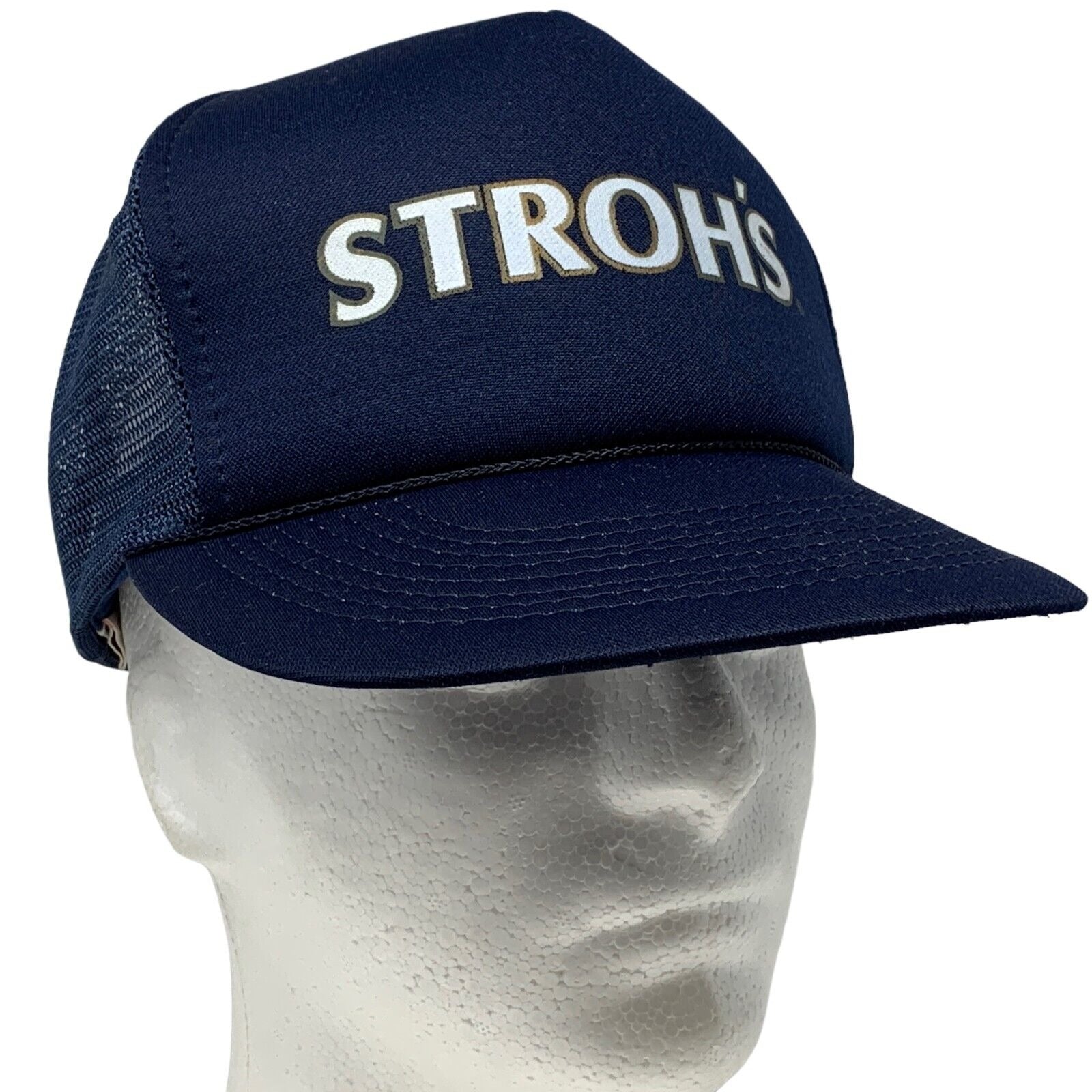 Navy Vintage Strohs Beer Cap with White Logo and Mesh Back for a Relaxed Fit