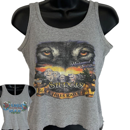 Vintage gray tank top featuring Sturgis 2001 logo with wolf graphic, cropped front view