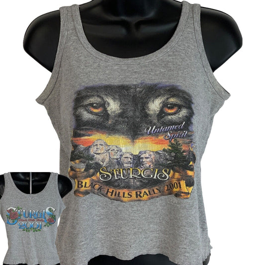 Vintage gray tank top featuring Sturgis 2001 logo with wolf graphic, cropped front view