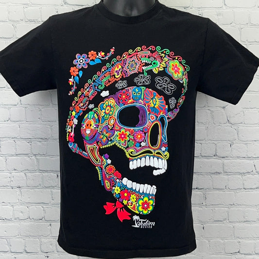 Euro Cotton Black Sugar Skull Day of the Dead T-shirt with Colorful Floral Design