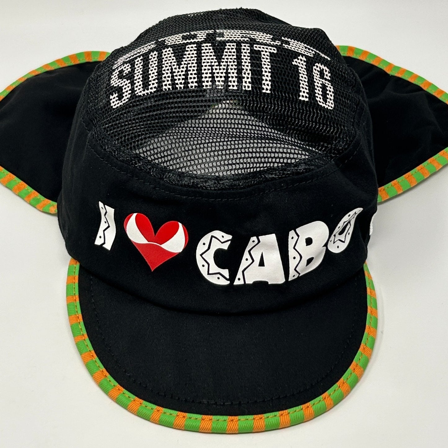 Black New Era Surfing Hat with mesh sides, front logo 'I love CABO', and colorful trim detailing