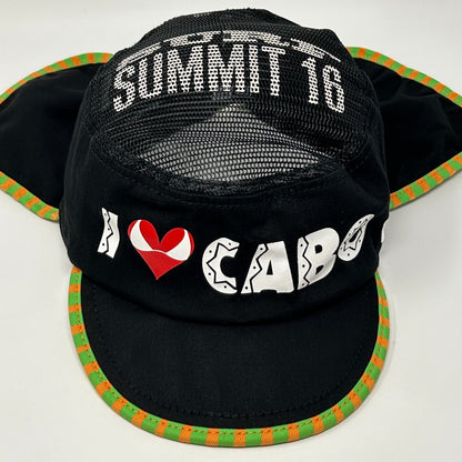 Black New Era Surfing Hat with mesh sides, front logo 'I love CABO', and colorful trim detailing