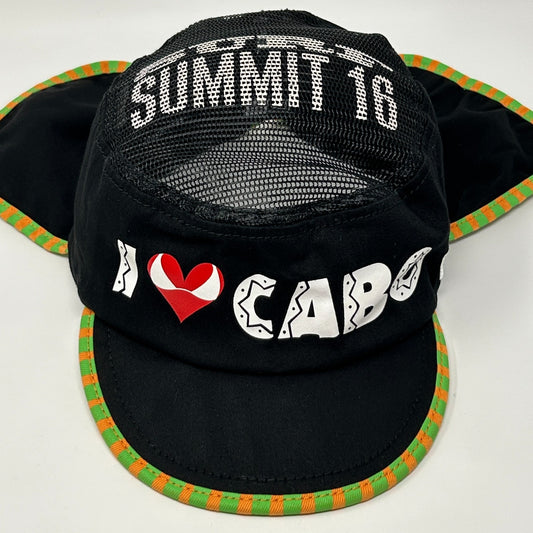 Black New Era Surfing Hat with mesh sides, front logo 'I love CABO', and colorful trim detailing
