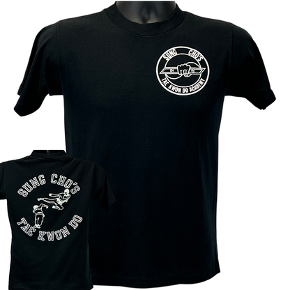 Black Jerzees T-Shirt featuring Tae Kwon Do logo on front and back in medium size