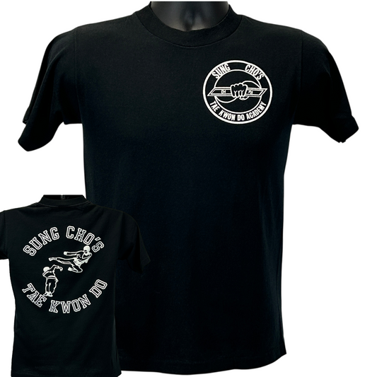 Black Jerzees T-Shirt featuring Tae Kwon Do logo on front and back in medium size