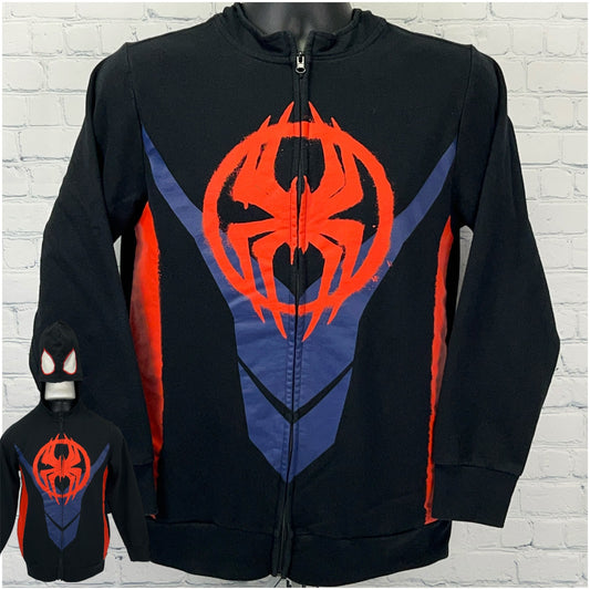 Black Spider-Man zip-up hoodie with red and blue spider emblem on front, featuring a hood and detailed stitching