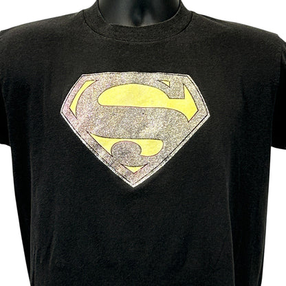 Front view of Vintage Superman T-Shirt in black with a detailed glitter logo design
