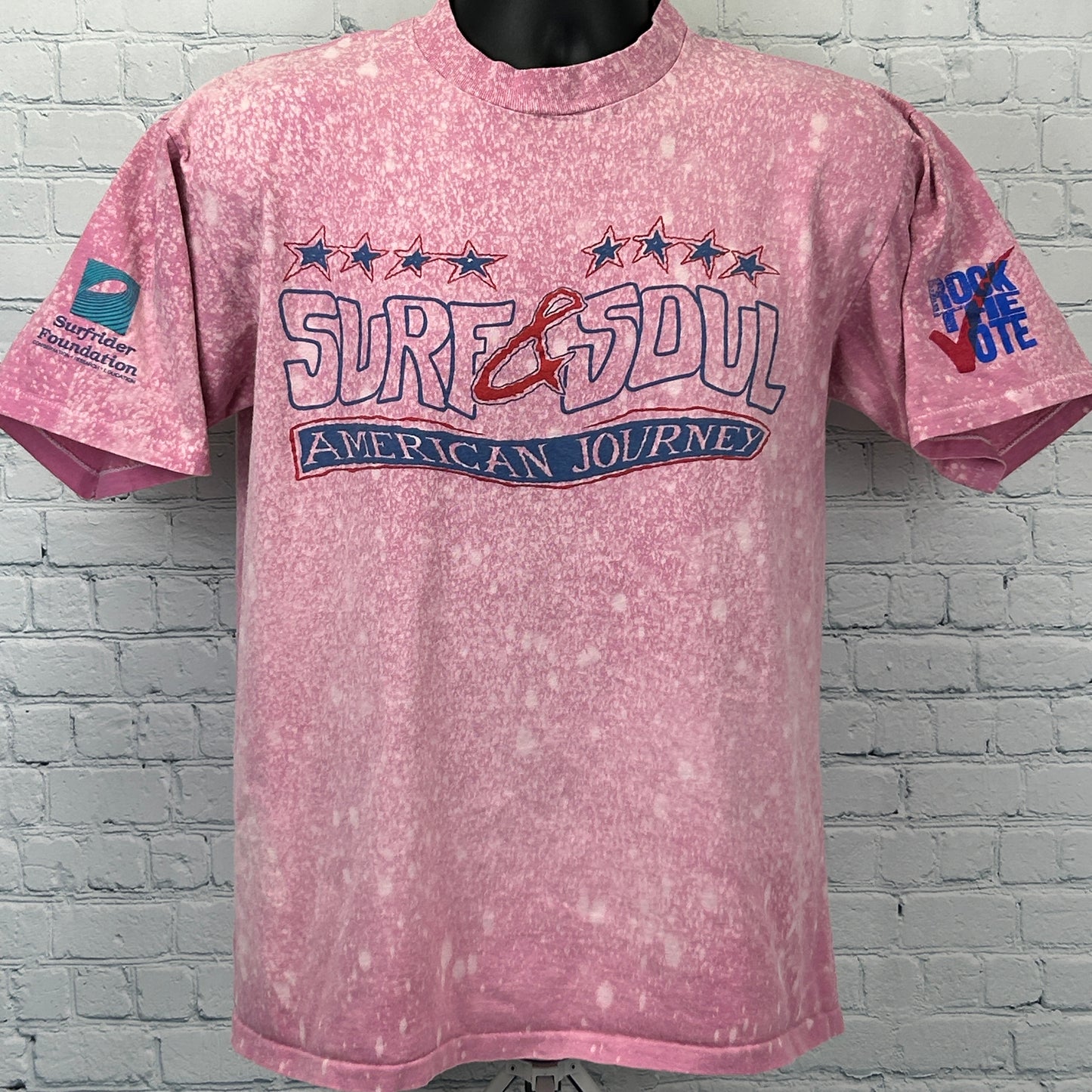 Vintage pink MTV Rock the Vote T-Shirt with Surf & Soul design, featuring front logo and detail on sleeves