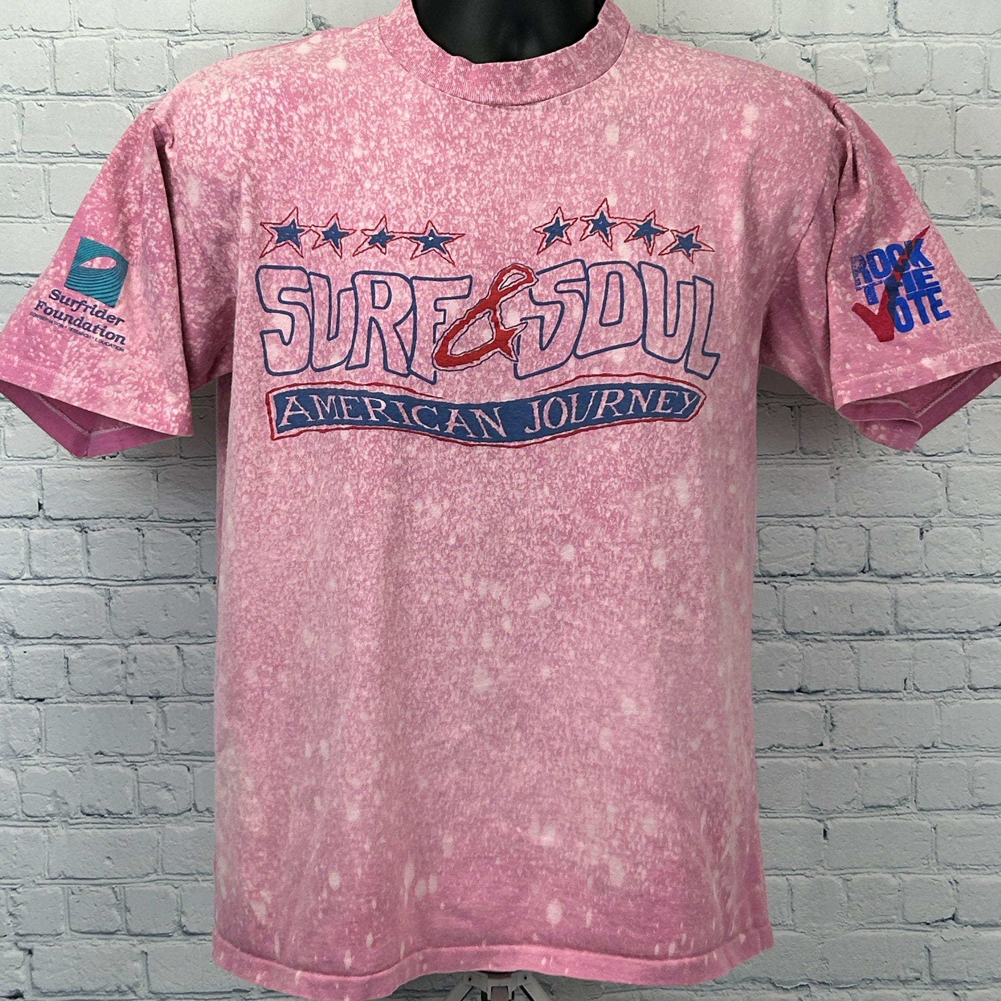 Vintage pink MTV Rock the Vote T-Shirt with Surf & Soul design, featuring front logo and detail on sleeves