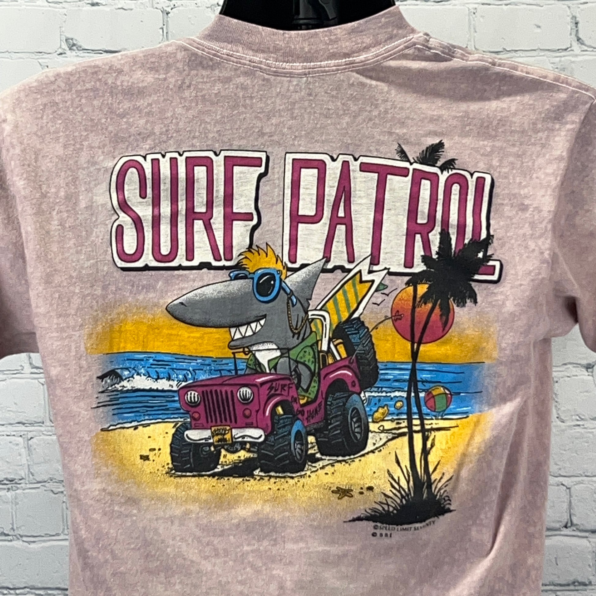 Vintage pink Surfing T-Shirt featuring a fun shark graphic on the back with 'Surf Patrol' text