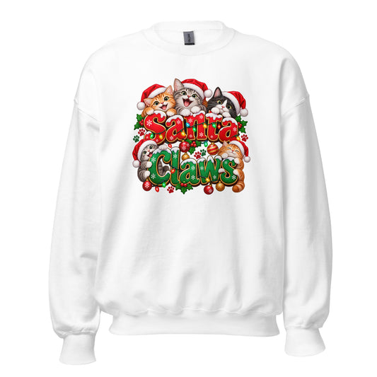 Neonvtg Christmas Cats Sweatshirt in White with Cute Santa Claws Design for Holiday Cheer