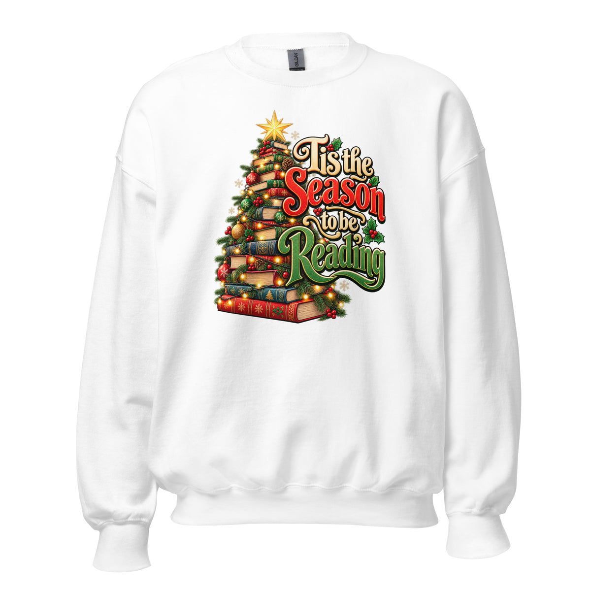 Neonvtg White T-Shirt with Reading Christmas design featuring a tree of books and festive text