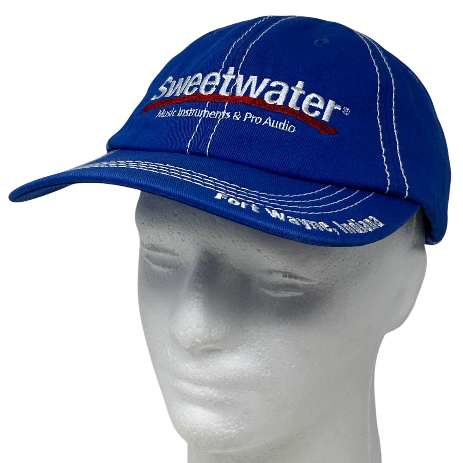 Royal blue cap with Sweetwater Music Instruments logo, front view, adjustable fit for all sizes