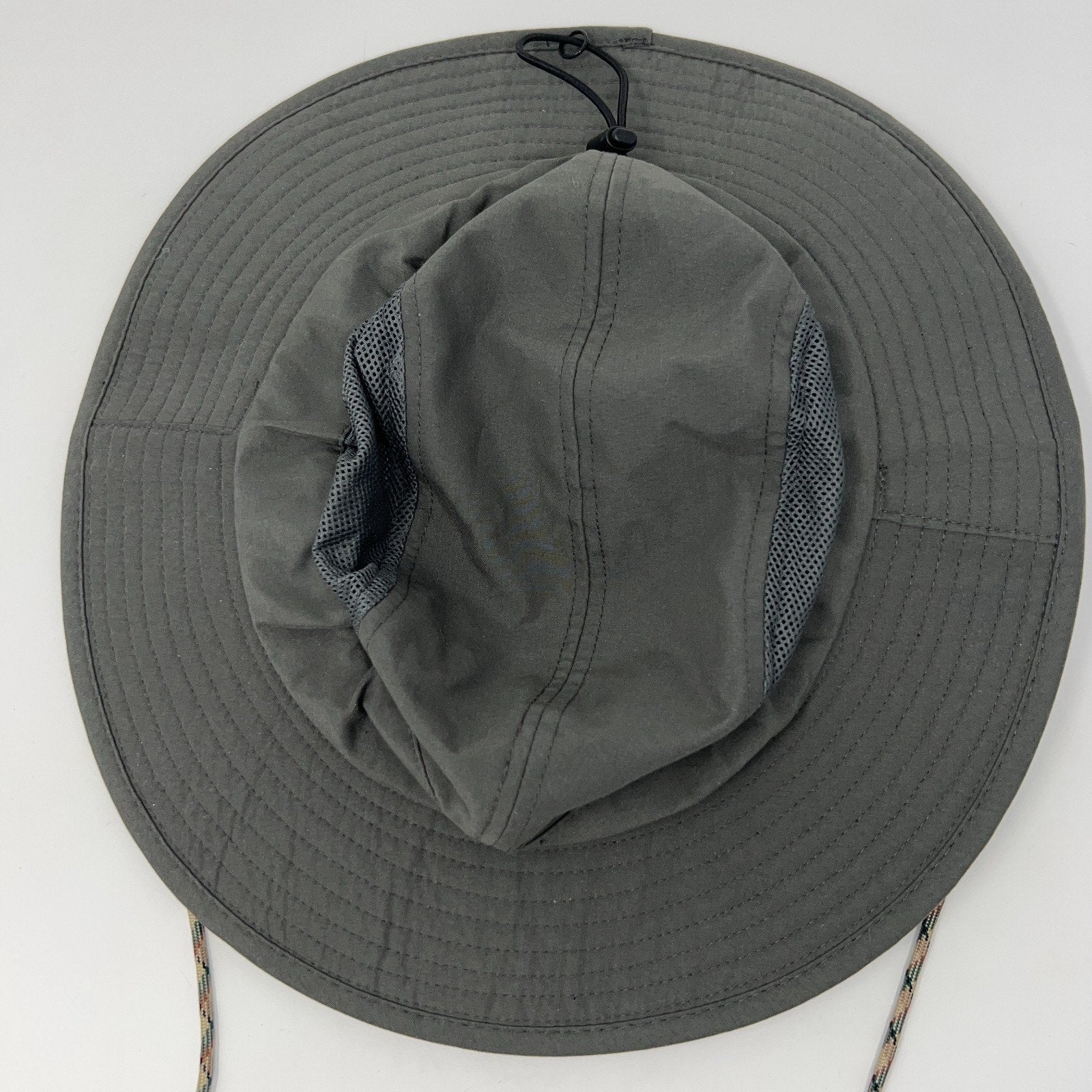 The North Face boonie hat in gray, vintage style with mesh lining and adjustable chin strap