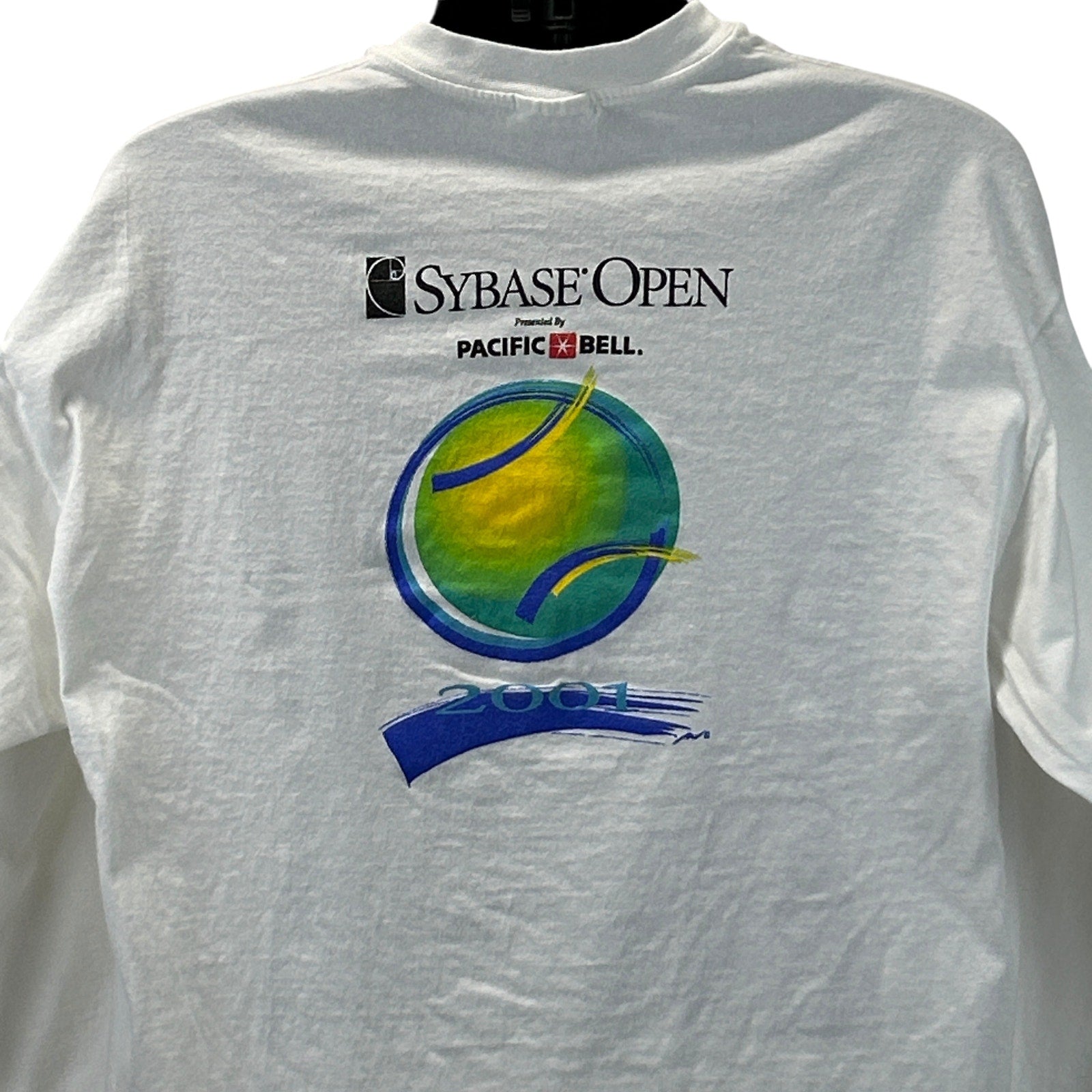 White Hanes T-Shirt featuring a colorful 2001 Sybase Open Tennis graphic on the back