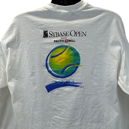 White Hanes T-Shirt featuring a colorful 2001 Sybase Open Tennis graphic on the back